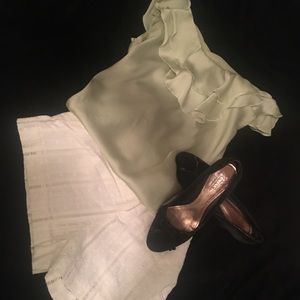 Sage green silk tank with ruffles